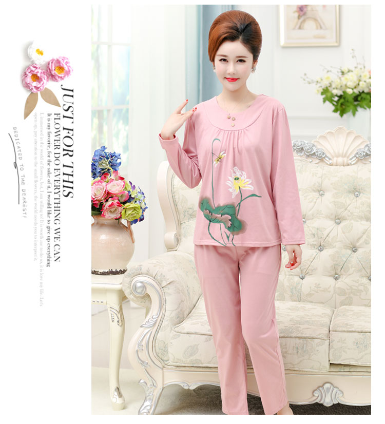 Đồ ngủ mùa thu của phụ nữ cotton dài tay cổ tròn áo thun kích thước lớn mùa thu cotton lỏng phụ nữ nhà dịch vụ phù hợp với hai mảnh bộ ngủ