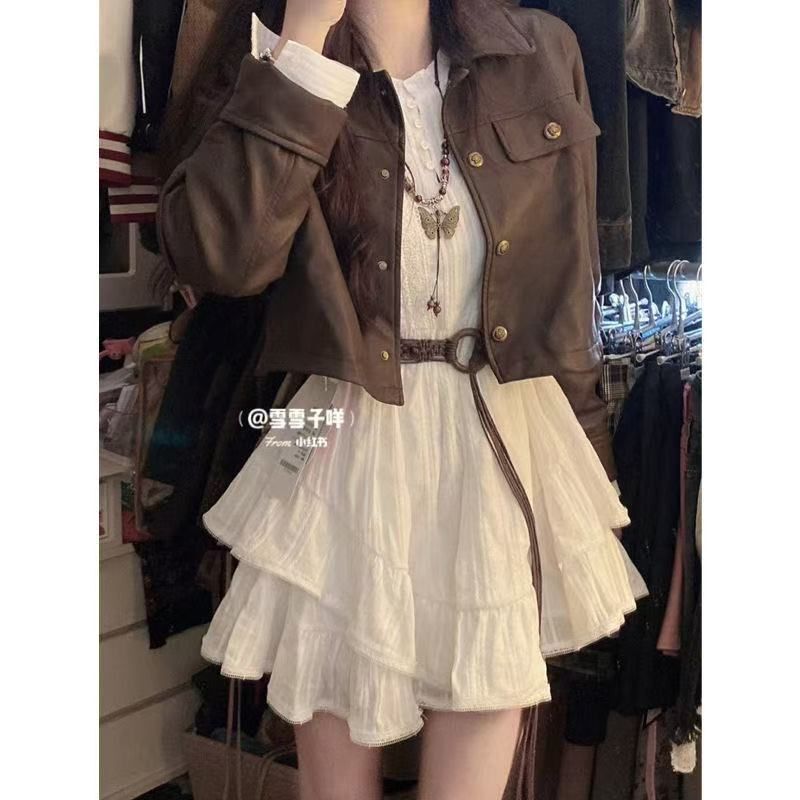 Spring, Autumn and Winter Retro Design, Street-Style Hot Girl Short Workwear Jacket, Leather Jacket, Paired with a Dress, Two-Piece Set