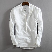 (Radish Cooperative) Mens Cotton Shirt Japanese Retro Stand Collar Pullover Linen Shirt Men