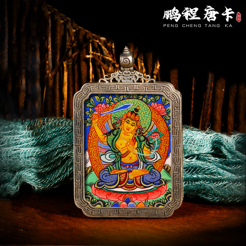 Pure Hand Painted Donka Pendant Vinjusri bodhisattva Buddha statue of the Buddha Buddha Patron Saint Patron Saint Pure Silver Gwu Box Buddha Pendant Pendant