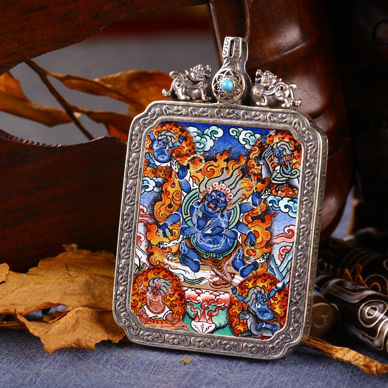 Pure hand-painted personal thangka pendant six-arm mahagala big black sky god of wealth lucky Buddha statue sterling silver Buddha pendant