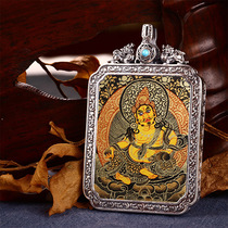 Tibetan Buddhism pure hand-painted black gold thangka portable pendant yellow Wealth God Buddha statue sterling silver box Buddha card pendant