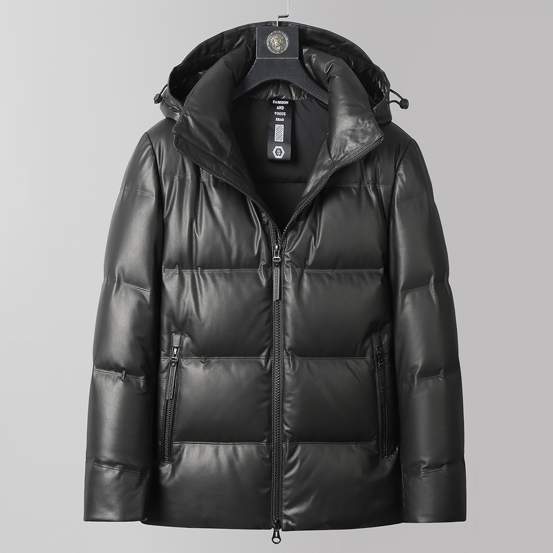Genuine Leather Jacket for Men, Short Style, Detachable Hood, First Layer Cowhide, Down-Filled, Casual, Loose, Fleece-Lined Leather Jacket for Winter Genuine Leather Jacket for Men, Short Style, Detachable Hood, First Layer Cowhide, Down-Filled, Casual, Loose, Fleece-Lined Leather Jacket for Winter