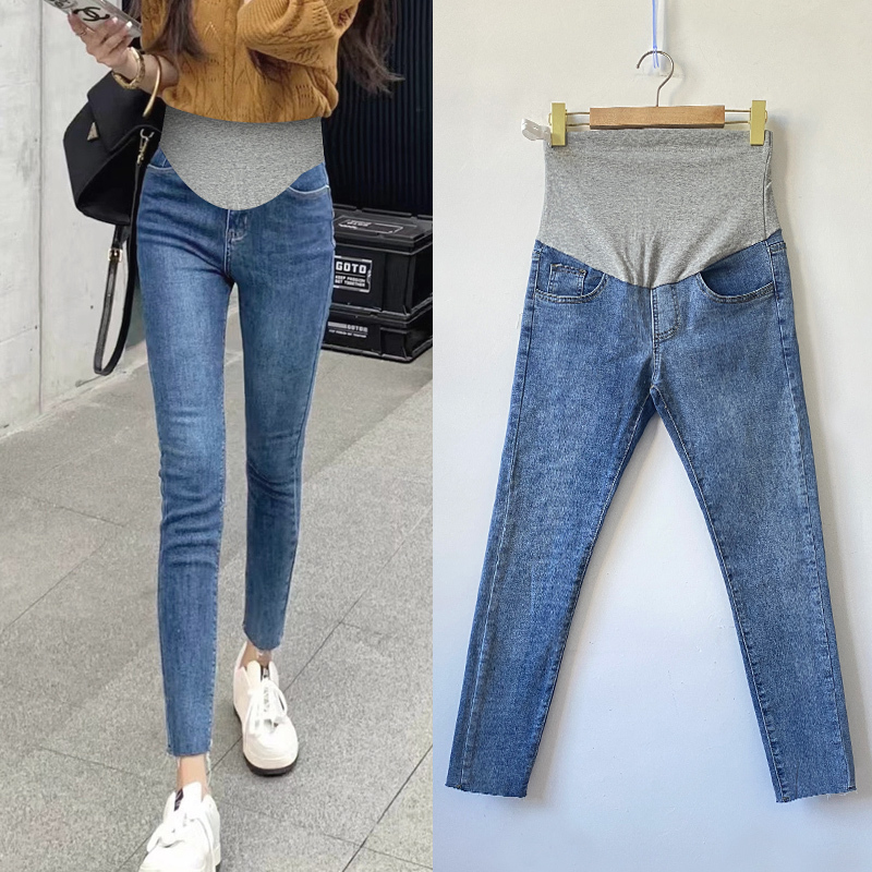 Maternity Pants for Summer, Fashionable Blue Skinny Jeans, Spring and Autumn Thin Slim-Fit Belly-Support Pencil Pants, Cropped Length