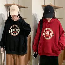 Big code plus suede necropolis 2021 new autumn and winter thickened Korean version loose with hat jacket letter 100 lap blouses