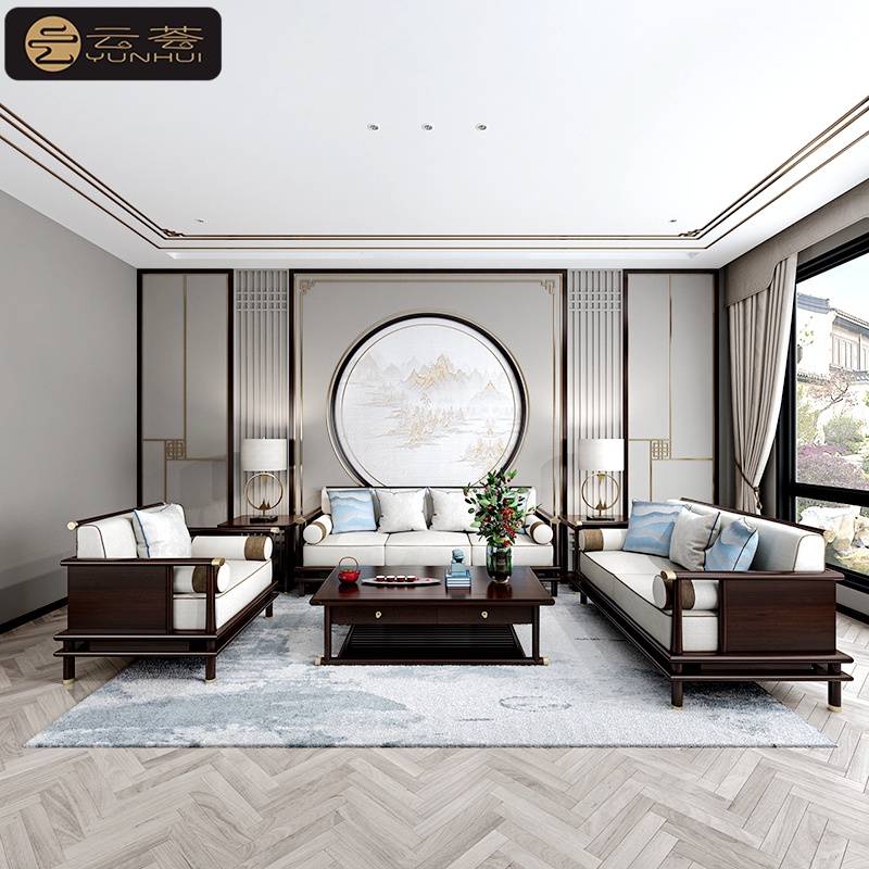 Modern New Chinese Solid Wood Cloth Art Sofa Combination Light Lavish Style Board Room Living Room Villa Clubhouse Reception Guest House Innate