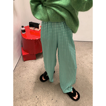 Ashigo vcruan upgrade green grid fluttering slippery casual pants womens autumn new plaid loose trousers