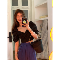 Ashigo vcruan cross-wrapped vintage European top female 2021 new short bubble sleeve shirt