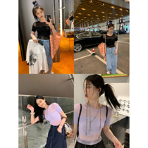 vcruan Axige staggered through yarn ice ice knitted top womens 2022 summer new short-sleeved thin top