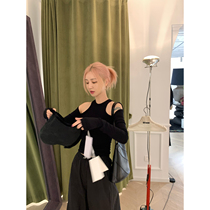 vcruan Axige three wear black knitted T-shirt womens 2022 summer new sexy slim fit all-match top