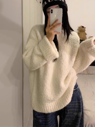 Элитный мягкий молочно-белый свитер для женщин, осенне-зимний свободный крой, пушистый и непринужденный пуловер, толстый вязаный топ.