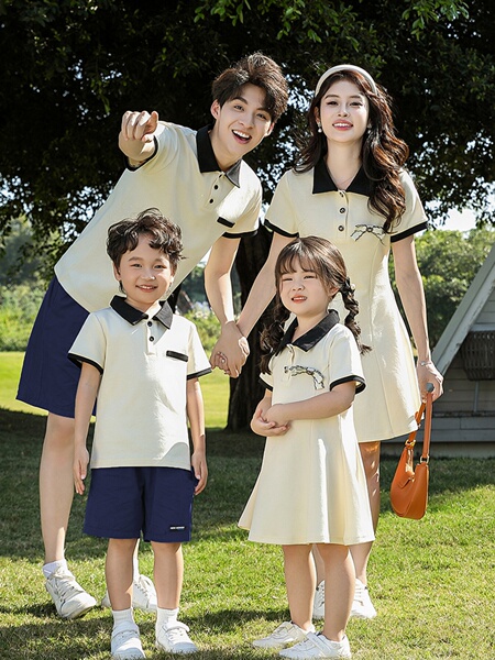 Trendy Family Matching Outfits for Three or Four Members, Summer Polo Shirts, Short-Sleeve New Styles, Stylish Mother-Son Outfits, Mother-Daughter Dresses