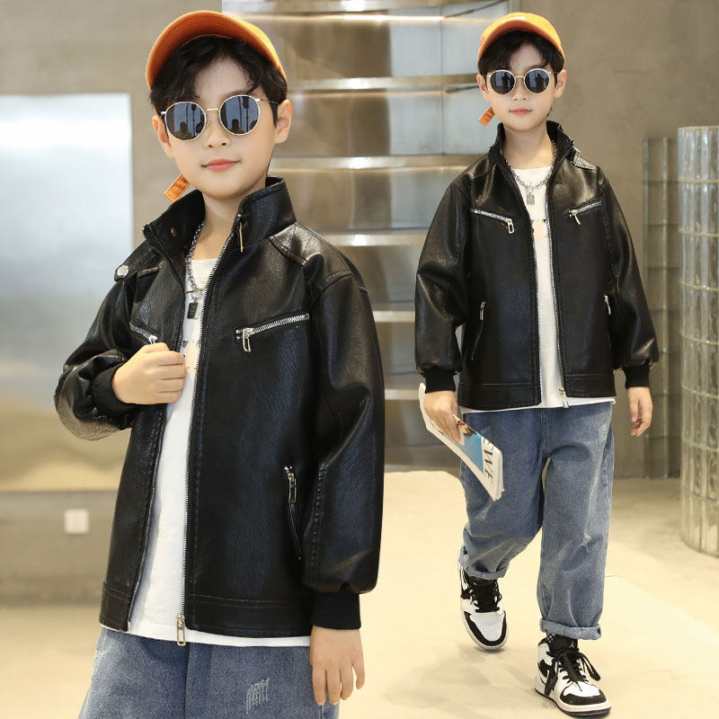 Boy fur coat jacket handsome 2023 new spring children's blouse 100 lap CUHK boy spring autumn boy leather jacket 