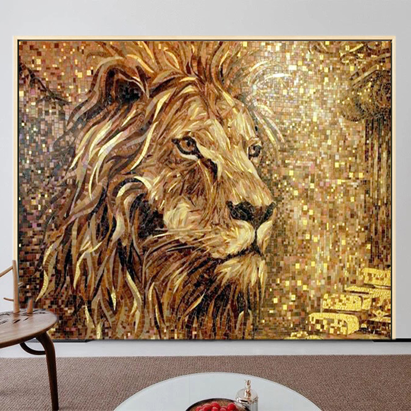 Glass mosaic background wall puzzle Living room entrance Nordic aisle Lion decoration Cut painting art Tile parquet