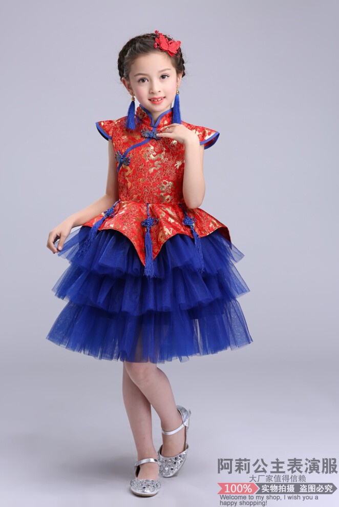 Trẻ em phong cách Trung Quốc trang phục cô gái mô hình sàn catwalk váy đuôi váy dạ hội guzheng chơi công chúa váy hiệu suất quần áo áo len bé trai