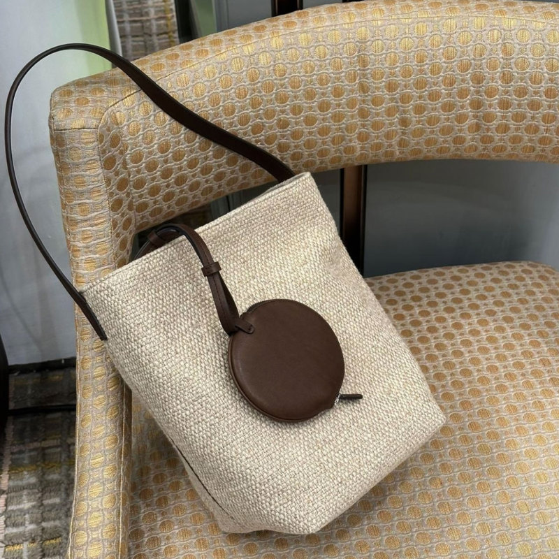 Tr Style Imported Linen Woven Bucket Bag Large Capacity Leather Shoulder Bag Commuter Tote Bag Tr Style Imported Linen Woven Bucket Bag Large Capacity Leather Shoulder Bag Commuter Tote Bag