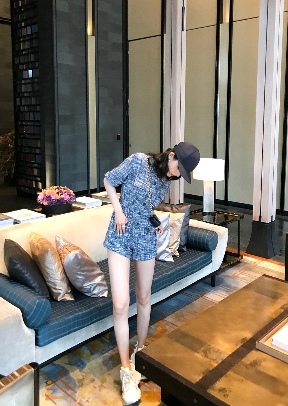 HANDLE HARRISON Iceland miscellaneous blue woven small fragrance jumpsuit women's summer high waist wide-leg jumpsuit shorts