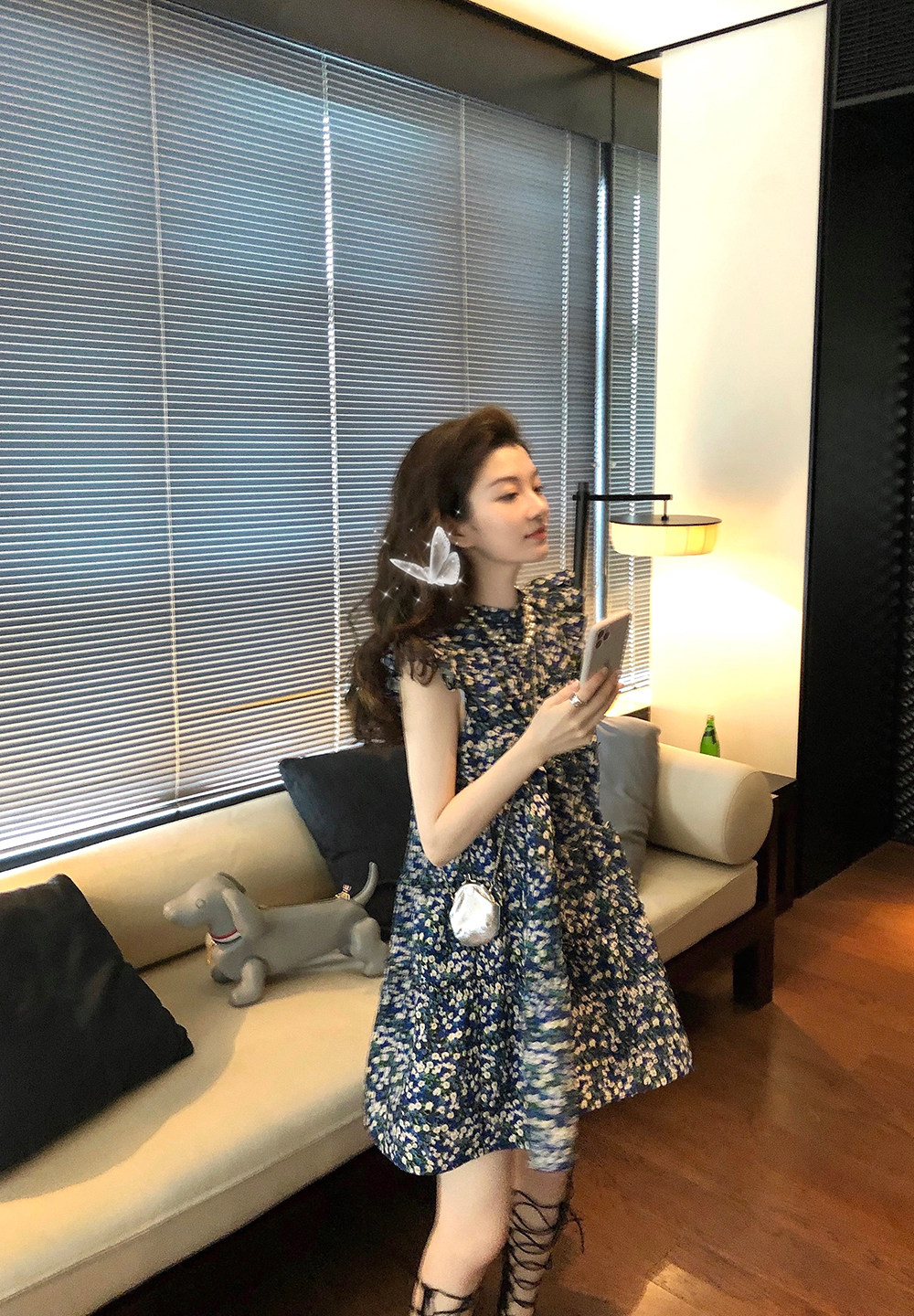 THE HANDLE Bach garden new love spotted blue floral dress women's summer new sweet thin sleeveless dress