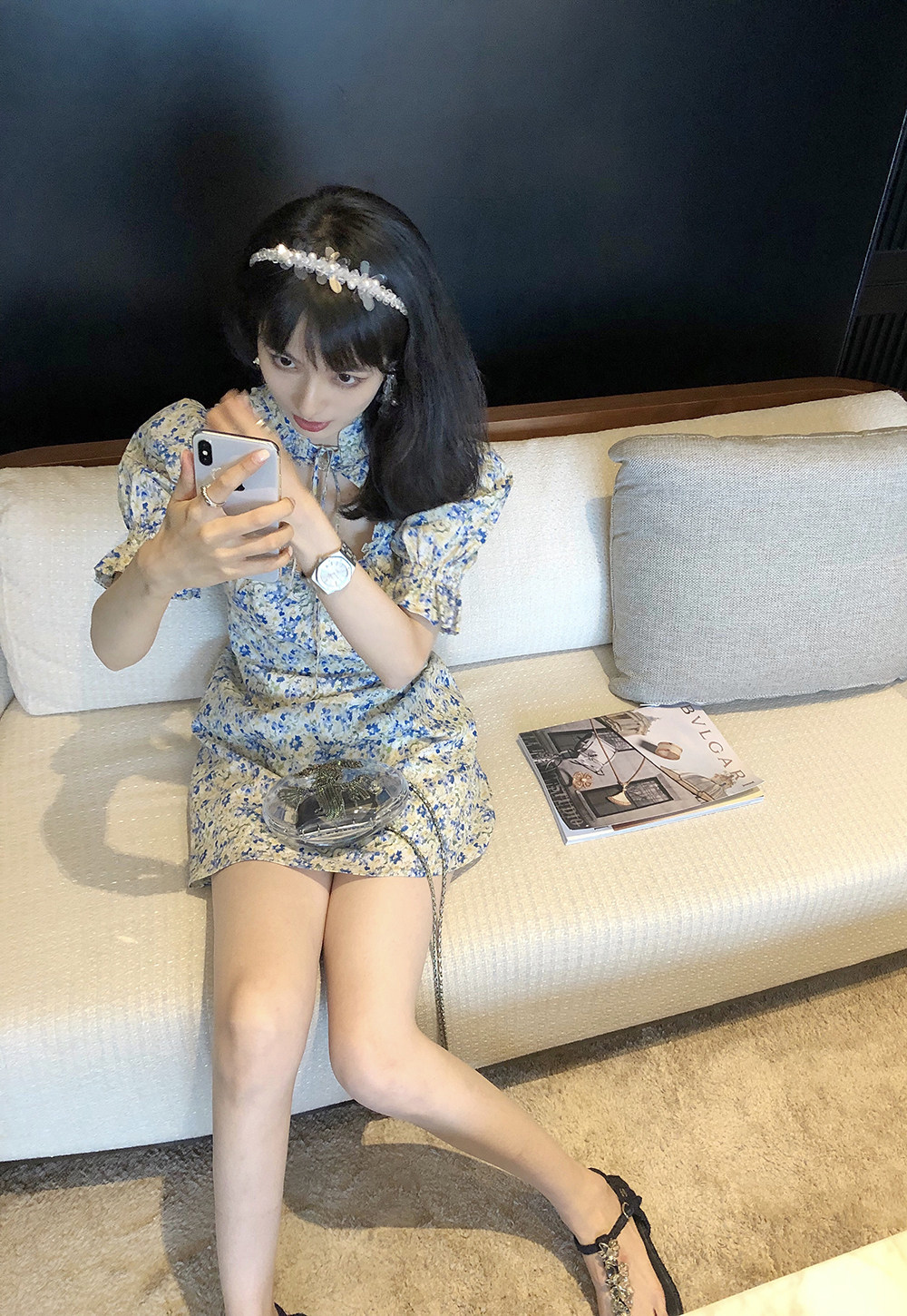 THE HANDLE Puli noble small stand-up collar tie with careful machine puff sleeve floral French platycodon skirt