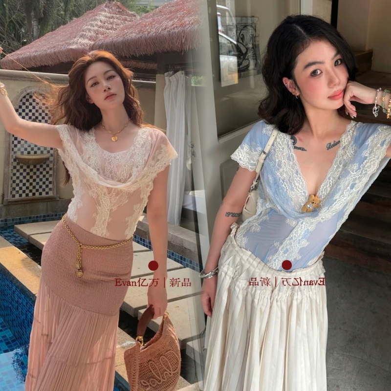 Evan【Shanghai Authentic Edition ● Designer】Vacation-Style French Elegant Lace Embroidered One-Piece Base Top for Women