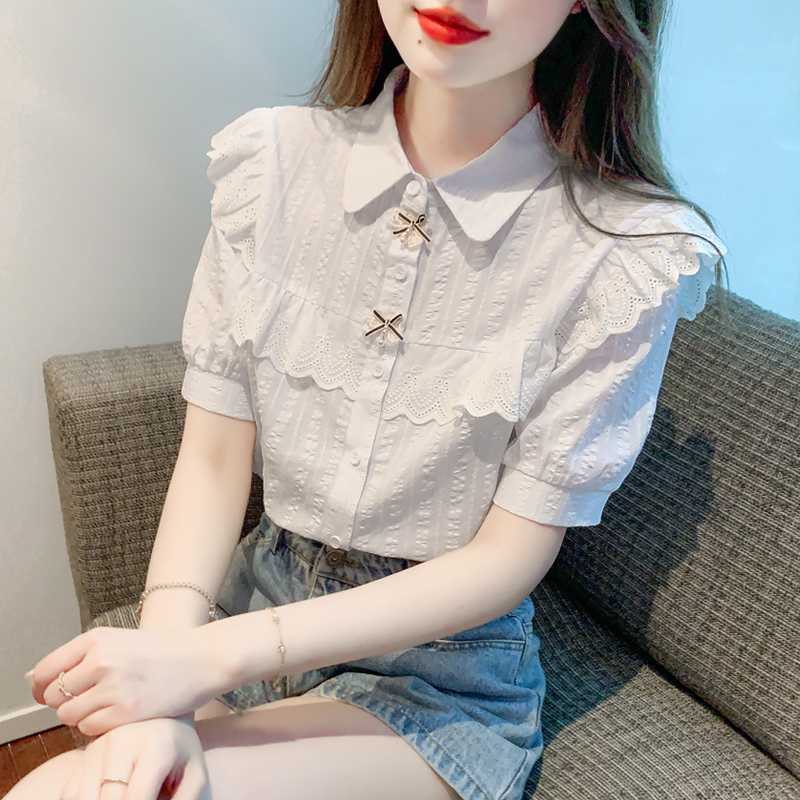 Summer New Style Lace Trim Short-Sleeved Pure Cotton Shirt for Women, Puff Sleeve Stylish Shirt, Versatile Cotton and Linen Top Summer New Style Lace Trim Short-Sleeved Pure Cotton Shirt for Women, Puff Sleeve Stylish Shirt, Versatile Cotton and Linen Top