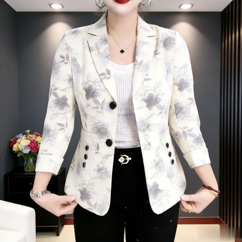Fashionable Printed Blazer for Women with Nine-Quarter Sleeves, Single-Breasted, Suitable for Commuting, Professional, Plus Size, Floral Suit Jacket