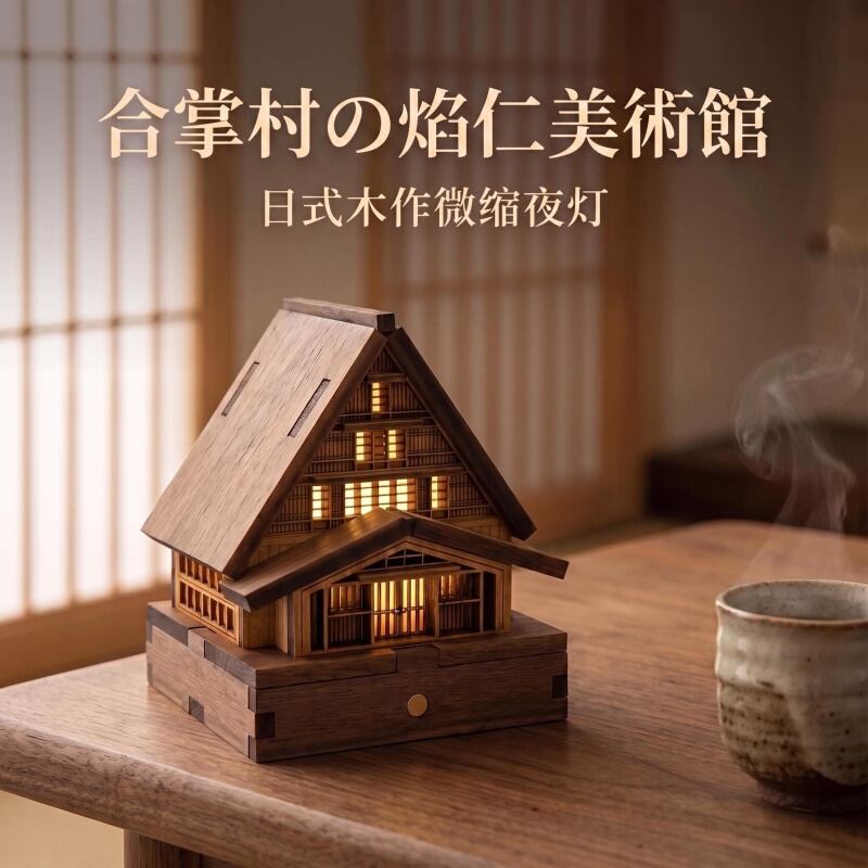 Japanese-Style Solid Wood Wabi-Sabi Rechargeable Small Cabin Night Light Atmosphere Lamp Miniature House Model Ornament