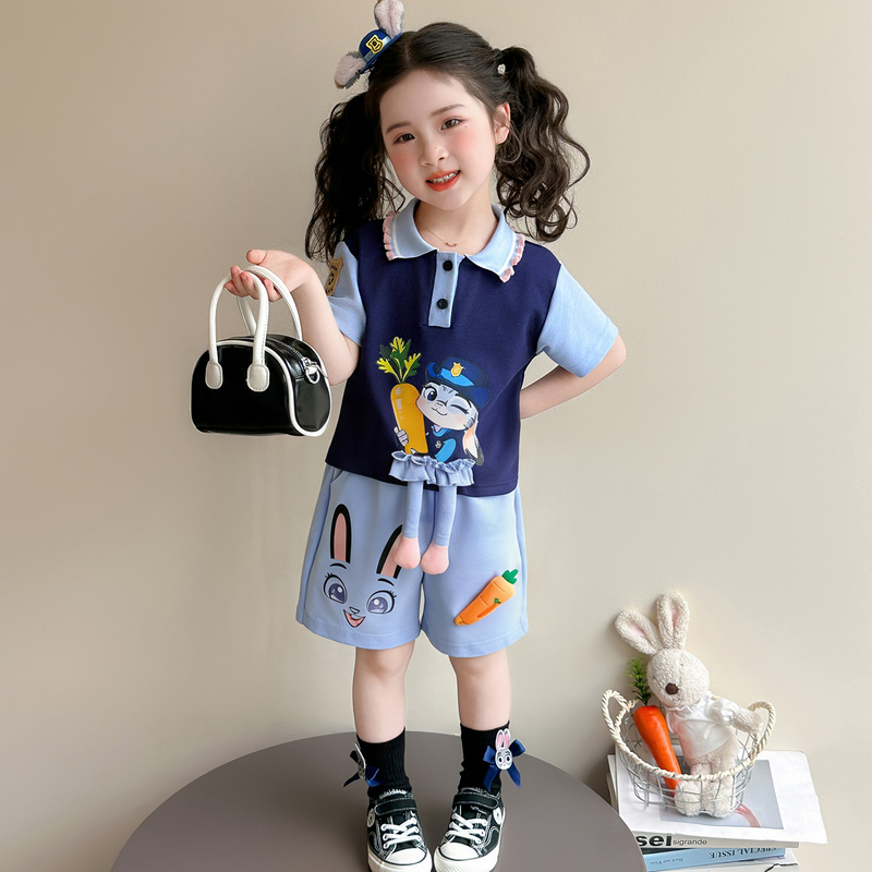 Girls' Summer Bunny Police Officer Outfit 2026 New Model Children's Judy Polo Shirt and Shorts Two-Piece Set Baby Summer Outfit