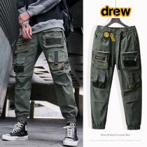  drew smiley overalls mens multi-pocket pure cotton spring and autumn small foot army pants teen trendy functional casual pants