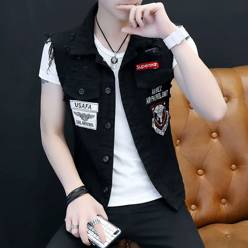 Áo vest mùa hè denim vest nam xu hướng vest vest phong cách Hàn Quốc áo khoác đẹp trai áo ghi lê nam - Áo vest cotton