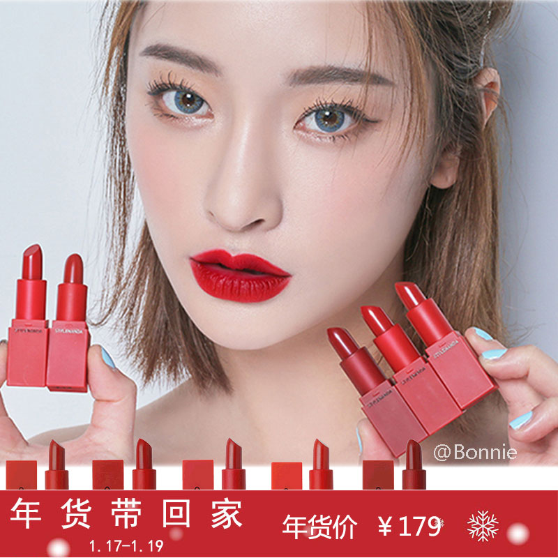 韩国3CE迷你版口红套盒红色系列 酒红色正红色水红色一套五只装