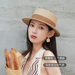 인터넷 유명 모자 여성 봄과 여름 프랑스 평평한 모자 영국인 일요일 보호 여행 해변 작은 밀짚 모자 해변 모자를 보여줍니다.