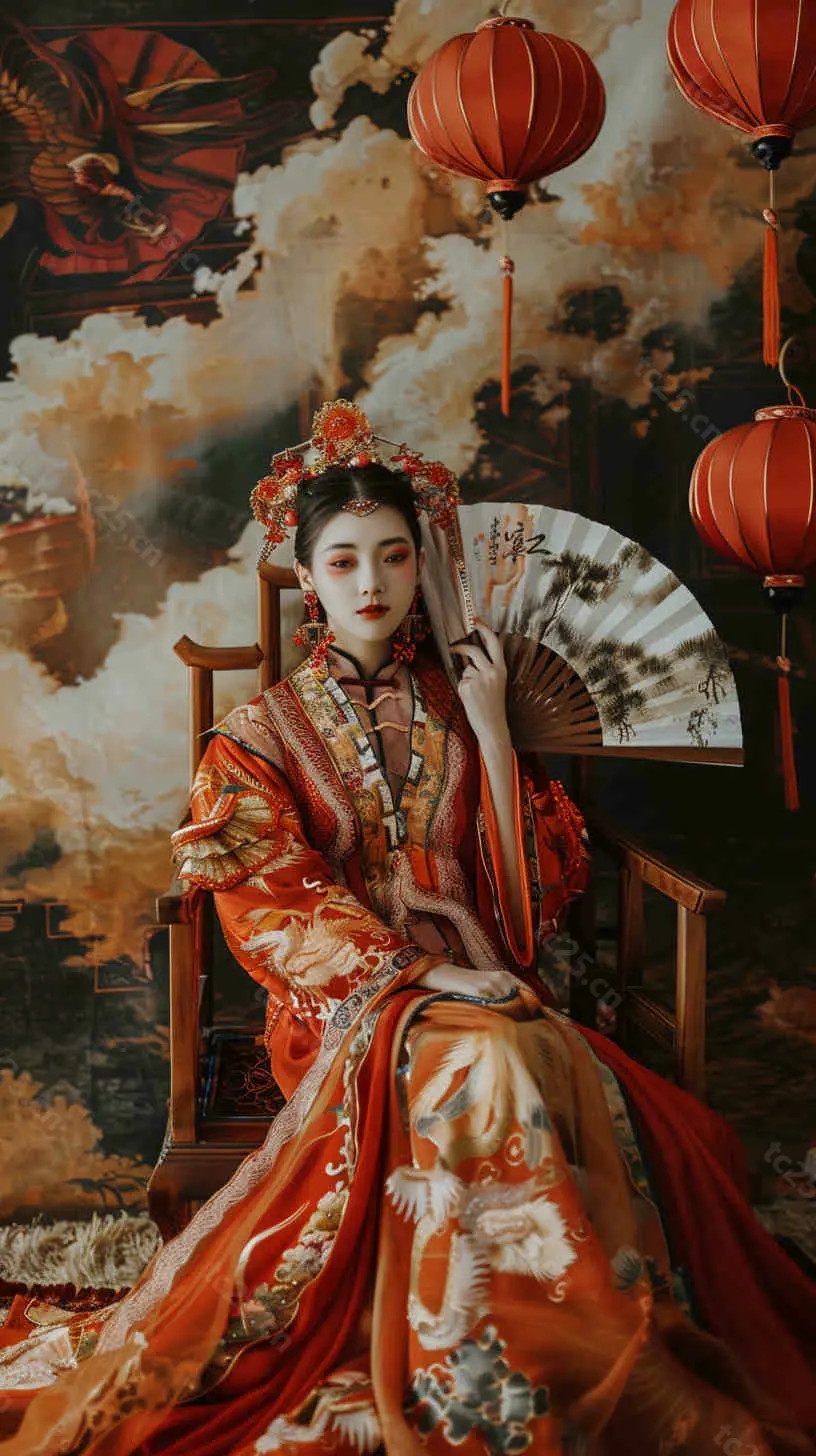 图片[1]-红金华服少女扇舞迎春midjounney提示词、stable-diffusion-pormpt-天城私塾