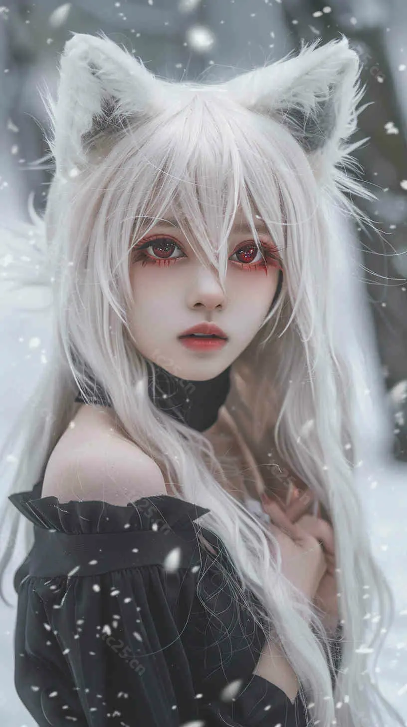 雪地中的白狐少女 midjounney提示词、stable-diffusion-pormpt-天城私塾