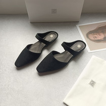 Channel cattle goods TOT black sheep suede Muller slippers retro niche low-heeled leather small square head toe sandals