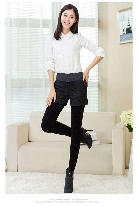 Mùa thu quần short len ​​cao eo của phụ nữ Người mẫu mùa thu và mùa đông mặc size lớn là giày đế bệt hoang dã mỏng quần kẻ sọc đồ mặc nhà