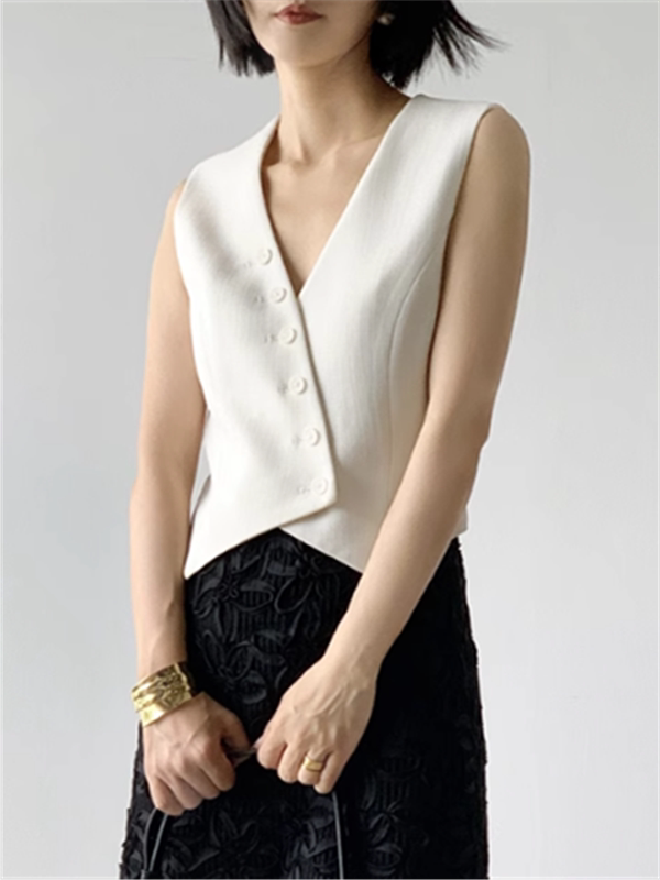 Elegant Old Money Style Blazer Vest Short Jacket for Women, Summer 2026 New Model, High-End Diagonal Button V-Neck Sleeveless Waistcoat