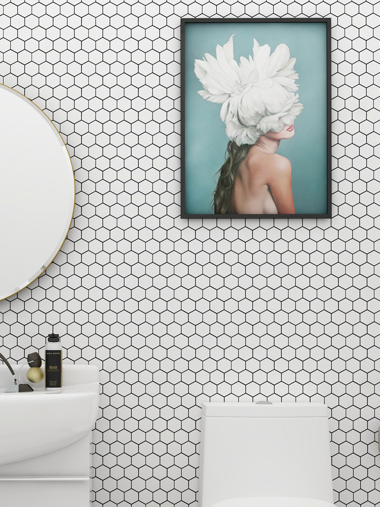 Hexagonal tiles Ceramic mosaic tiles Nordic black and white kitchen powder room Balcony wall tiles Bathroom non-slip floor tiles