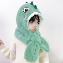 Childrens hat bib winter warm one-piece cap baby plus velvet earring hat for boys and girls cartoon dinosaur windproof cap