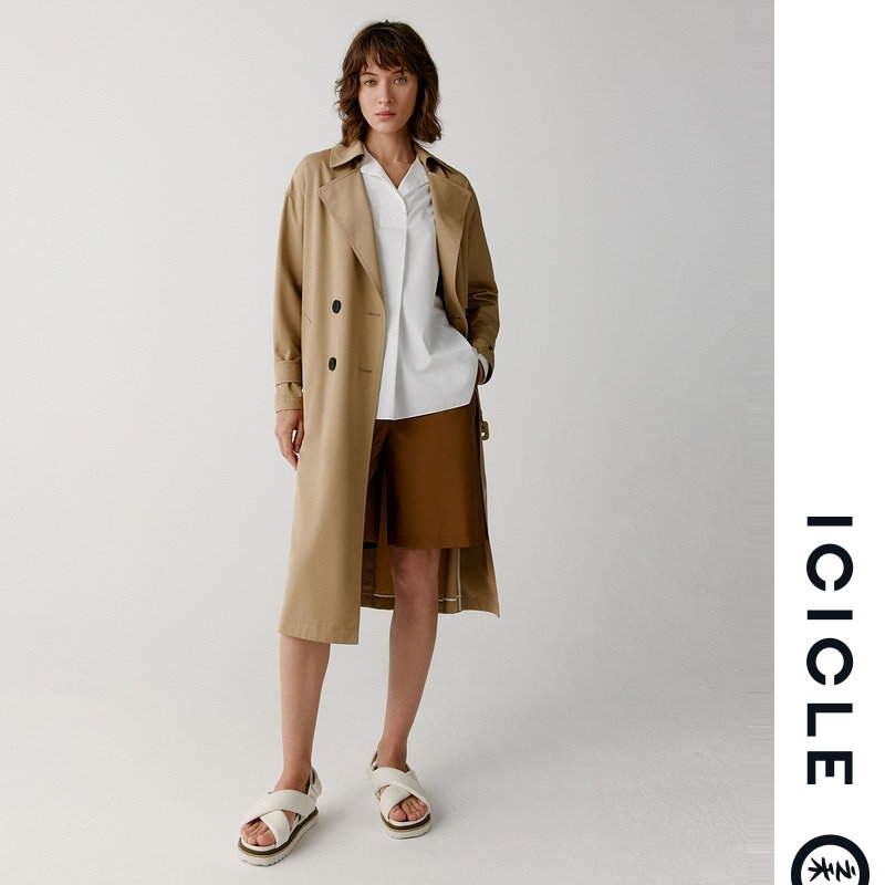 (Won't pass on the dew-beaded wind coat) ICICLE's grain and women's dress wool true silk blend down-shoulder long windfall