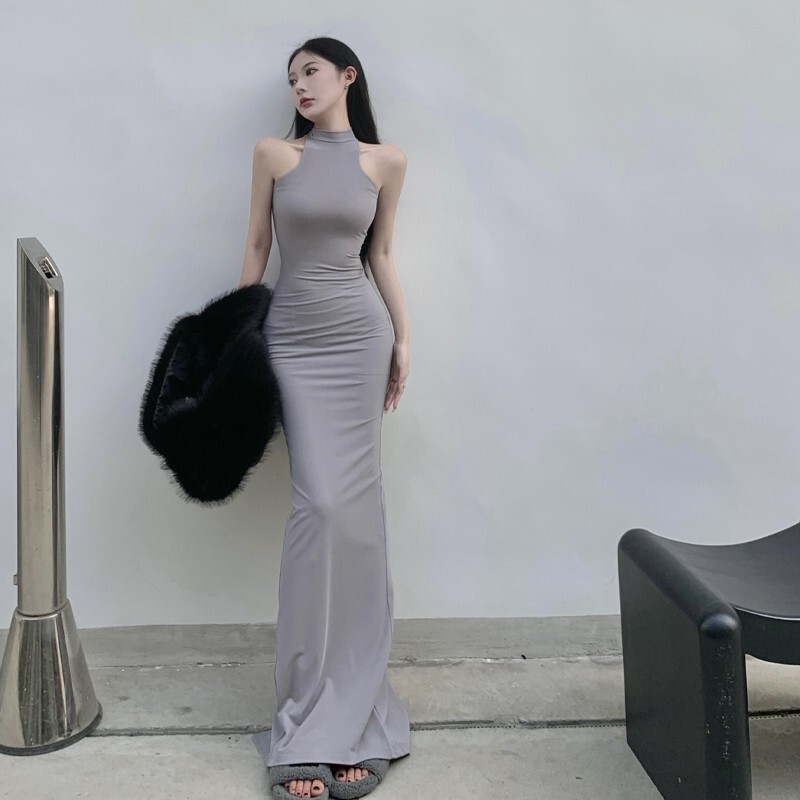 Hot Girl Dress, Extra Long, Slim Fit, Sexy, Figure-Flattering, Halter Neck, Internet Celebrity Tank Top Long Dress, Nightclub Party Wear, Women's Summer Clothing