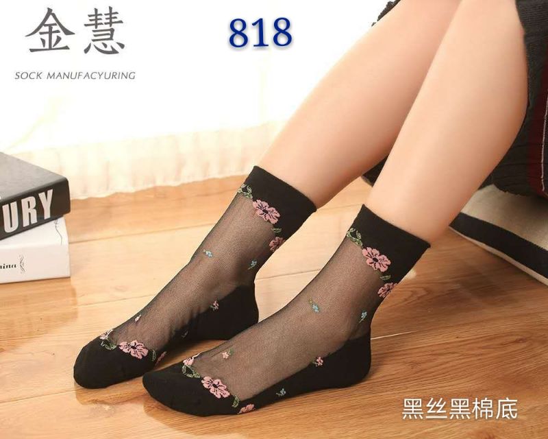Vớ pha lê nữ vớ ngắn thêu cotton cộng với đáy bằng lụa thủy tinh bền thời trang Hàn Quốc chống móc sản phẩm mới Jin Hui trong suốt vớ cổ cao