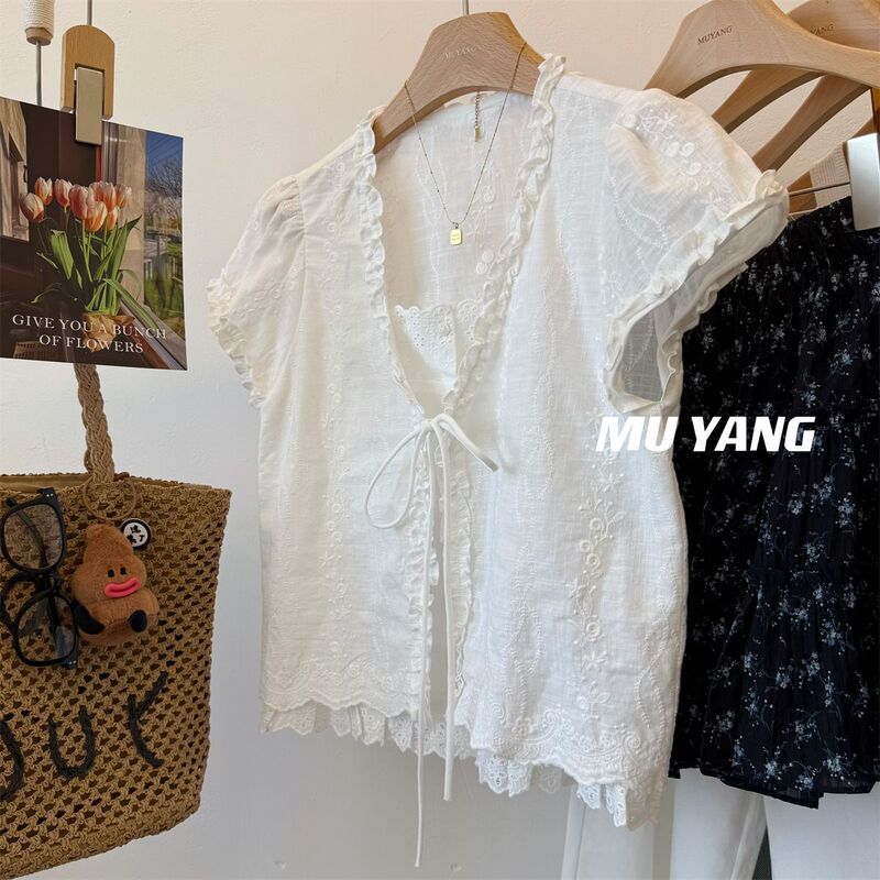 European-Style Niche Design Open-Front Tie Faux Two-Piece Embroidered Lace Ruffle Blouse for Women, Summer Slimming Short-Sleeve Shirt