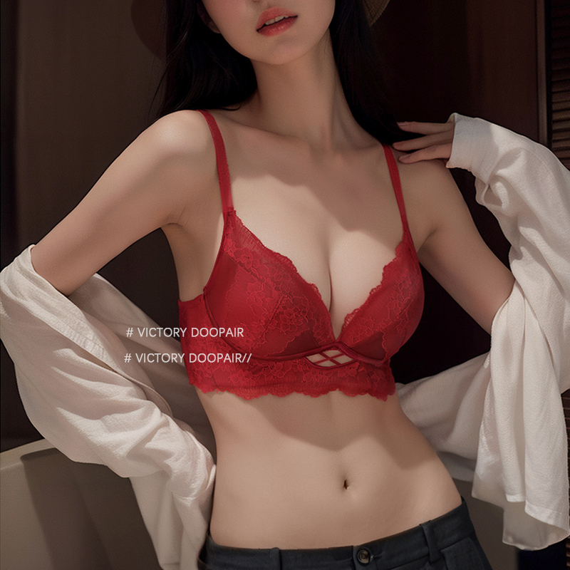 Victoria Dopel Sexy Red Lingerie Set for the Year of Birth, Small Bust Push-Up Bra Without Underwire, Side Breast Support Bra