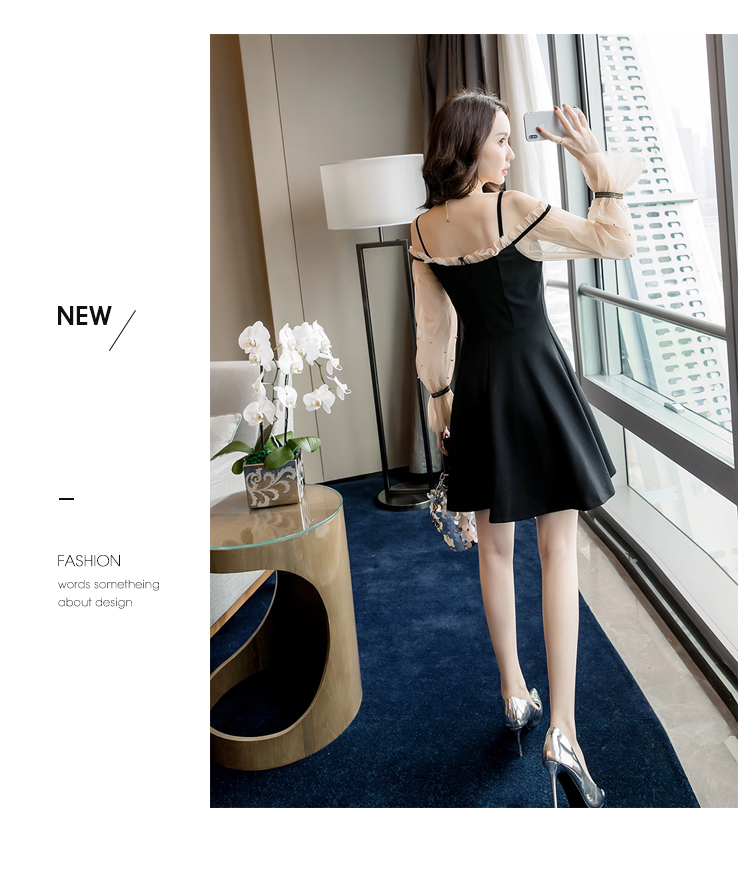 DABI 韓系網紗拼接荷葉袖釘珠一字領禮服長袖洋裝 DABI 韓系網紗拼接荷葉袖釘珠一字領禮服長袖洋裝