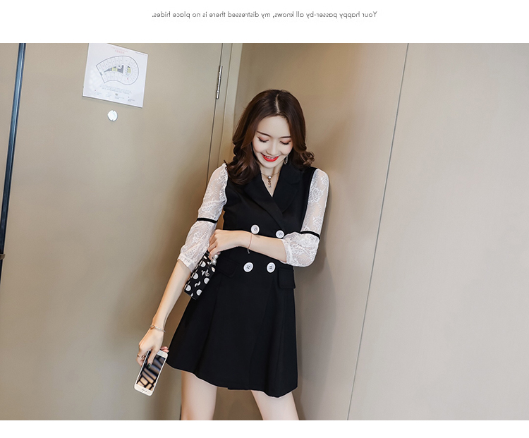 VK旗艦店 韓系雙排釦蕾絲拼接顯瘦氣質七分袖長袖洋裝