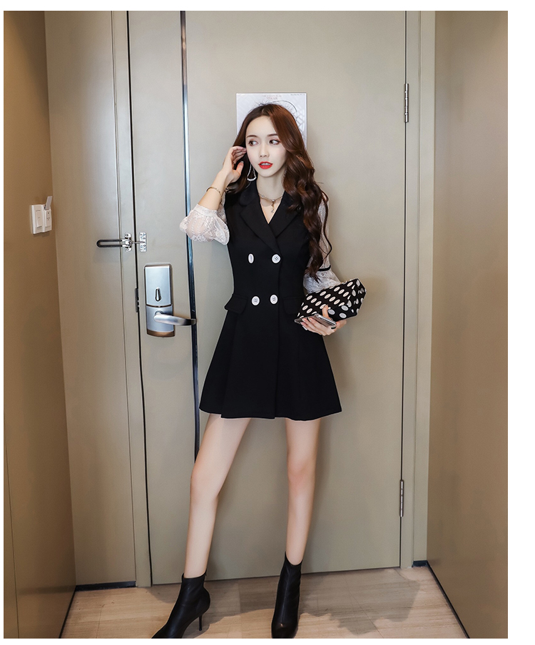 VK旗艦店 韓系雙排釦蕾絲拼接顯瘦氣質七分袖長袖洋裝