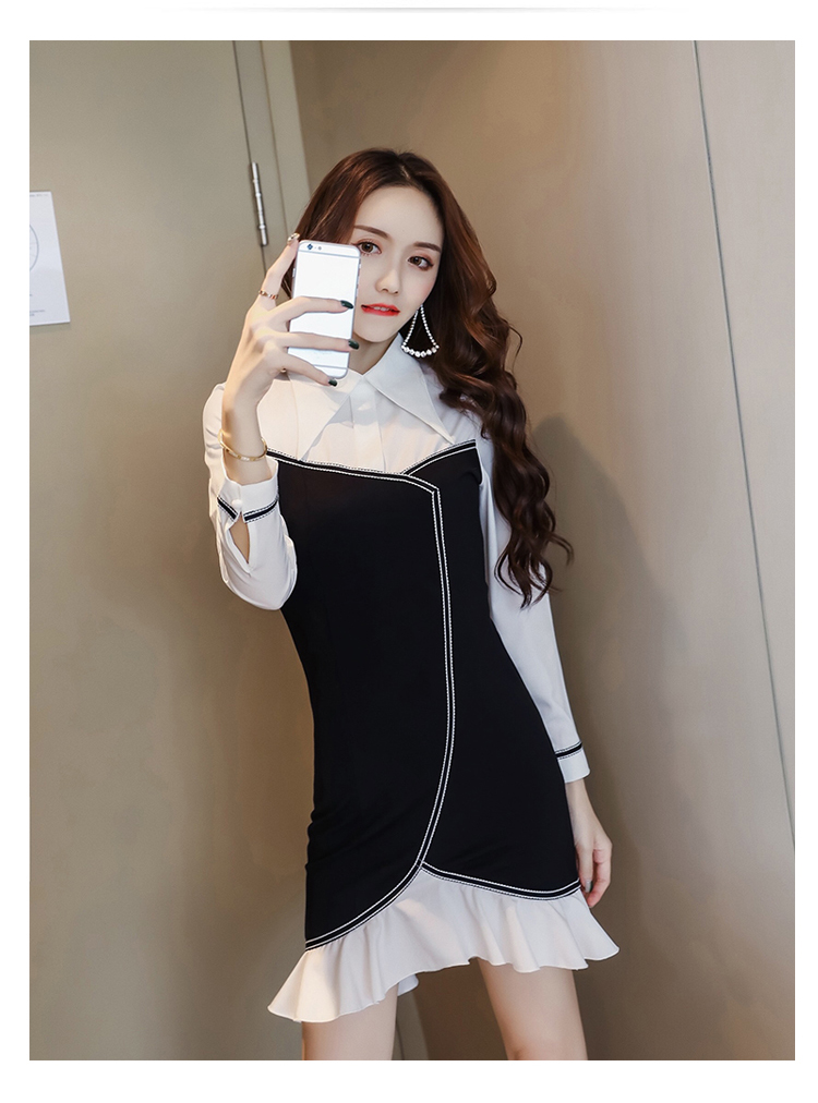 VK旗艦店 韓系襯衫拼接修身魚尾性感黑白撞色長袖洋裝