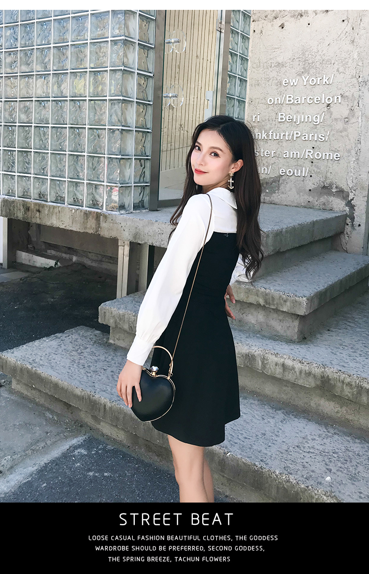 VK旗艦店 韓系襯衫拼接黑白修身顯瘦氣質撞色長袖洋裝