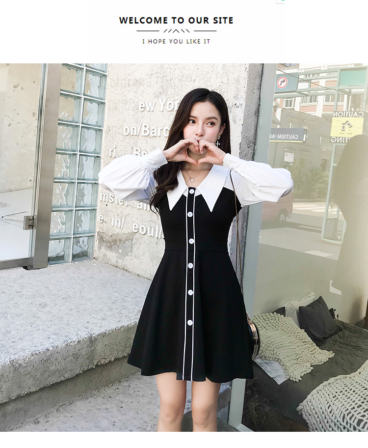 VK旗艦店 韓系襯衫拼接黑白修身顯瘦氣質撞色長袖洋裝